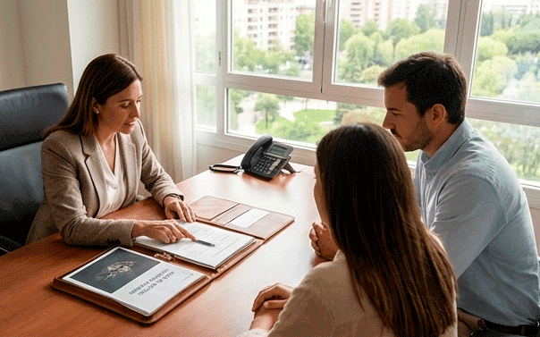 gestor-inmobiliario-explica-contrato-de-compra-venta-a-clientes