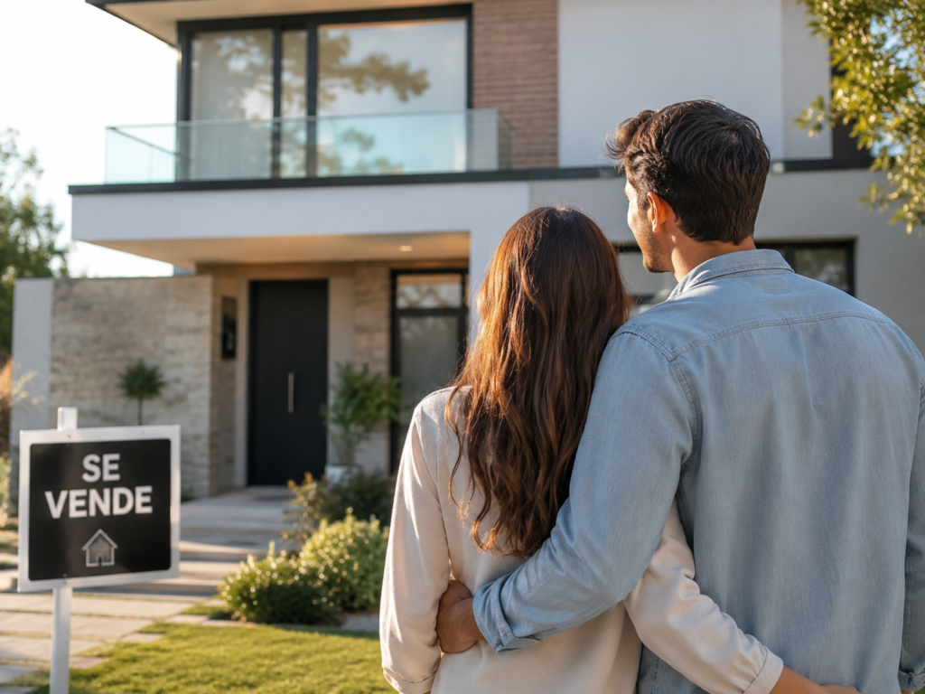 pareja joven frente a su nueva propiedad después de señalizar una vivienda